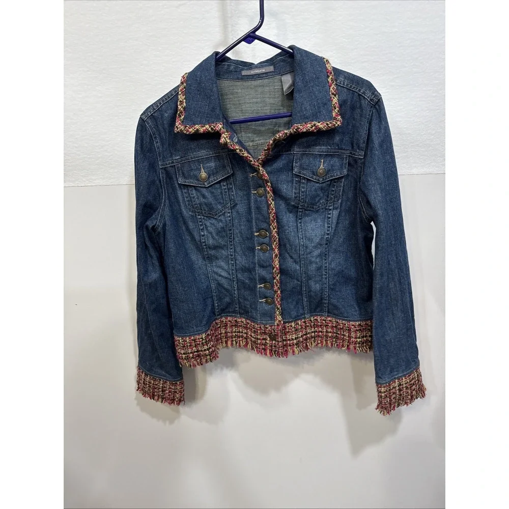 Liz Claiborne Jacket Womens XL Boho Jean Jacket Hippie Colorful Accents Fringe - Picture 15 of 16